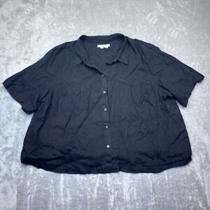 Black Linen Button Down Short Sleeve Blouse Shirt Top Size‎ US 16/18 Boho Preppy